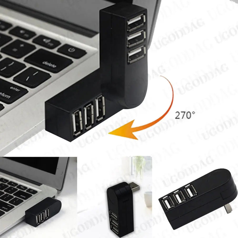 Universal Mini Rotatable 3 Port USB 2.0 Hub High Speed Data Transfer Splitter Box Adapter USB Expander For PC Laptop MacBook Pro