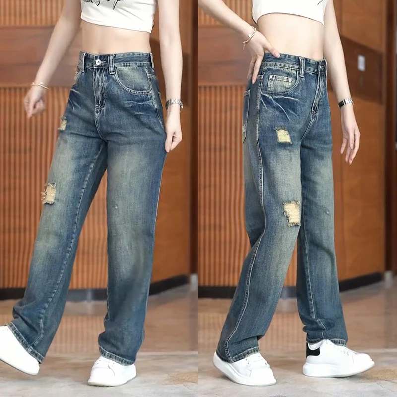 

Мужские джинсы из рваного денима, модные, высококачественные, в американском ретро-стиле, широкие, свободные, прямые, длинные брюки, повседневные мужские джинсы