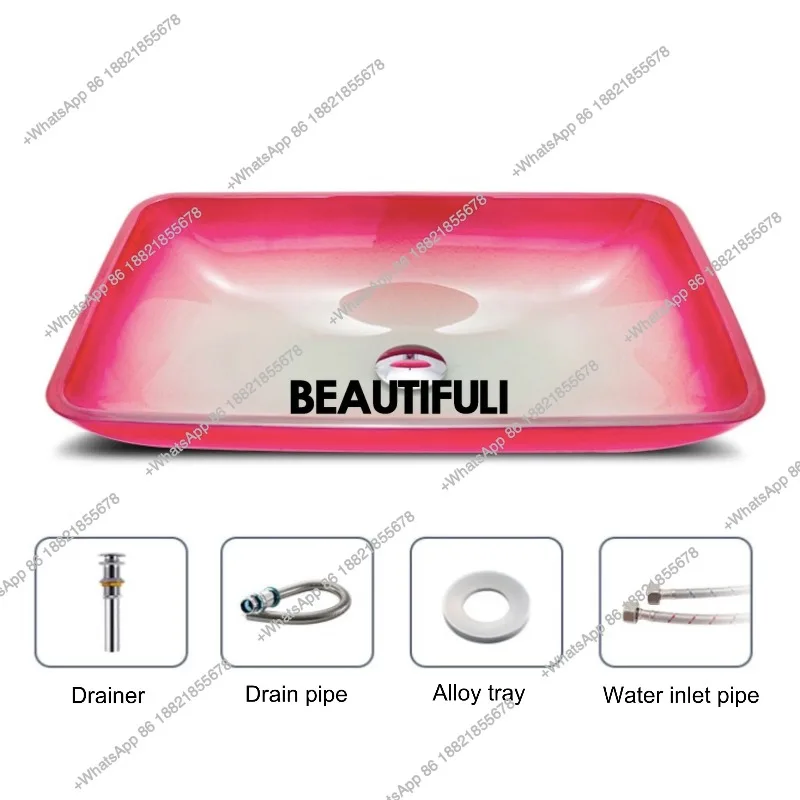 

R Tempered Glass Hand Wash Sink Above Counter Basin Pink Bathroom Basin With Drainer+Drainer Pipe+Inlet Pipe