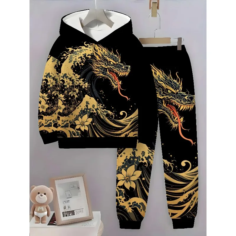 2023 весна и осень, новый мужской обычный комплект с капюшоном, повседневный комплект из 2 предметов с 3D молочно-желтым узором в виде головы дракона и принтом