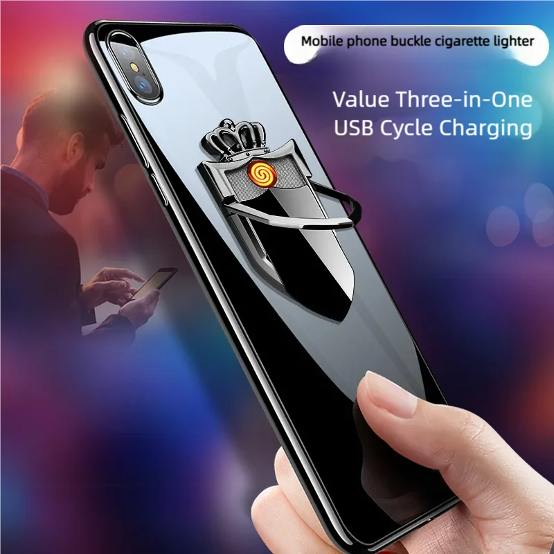 Multi functional phone ring buckle lighter charging USB car holder creative electronic cigarette lighter windproof personality