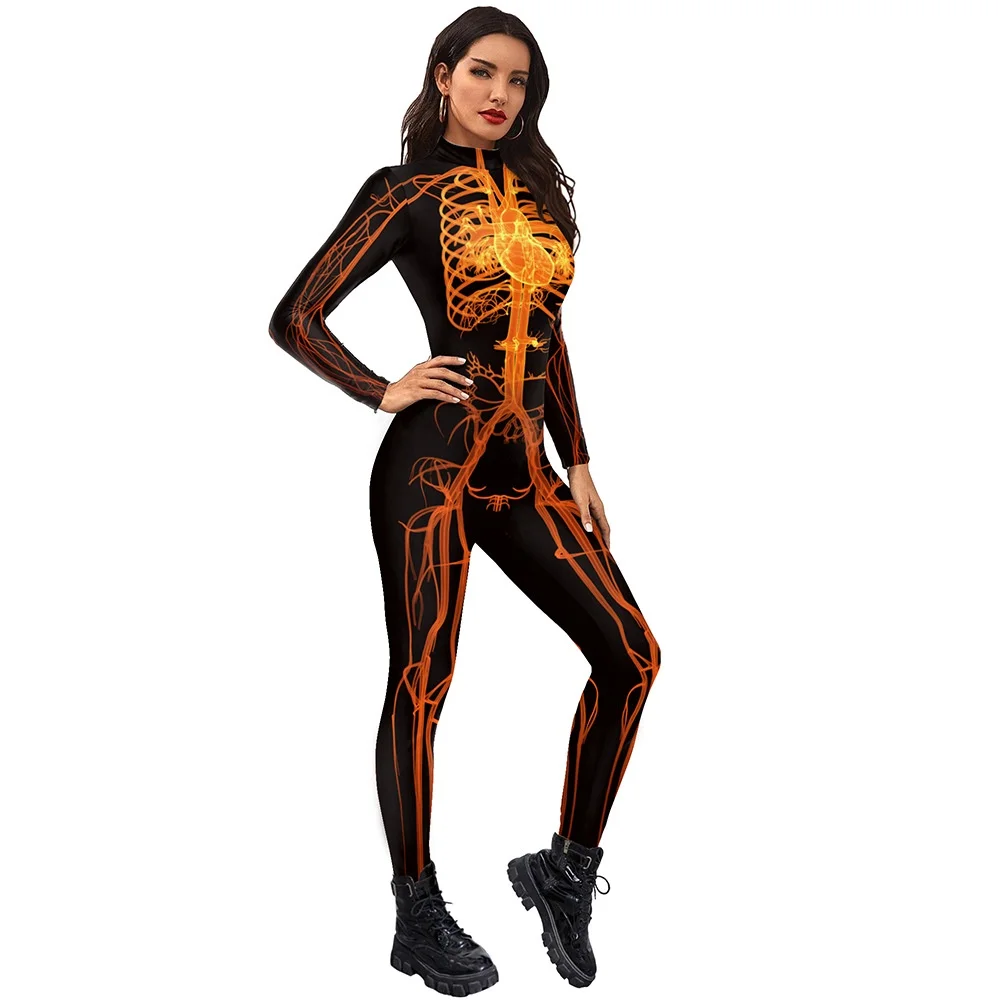 Disfraz de Cosplay de Halloween para hombres y mujeres, mono con estampado 3D de calavera muscular y cuerpo humano, esqueleto