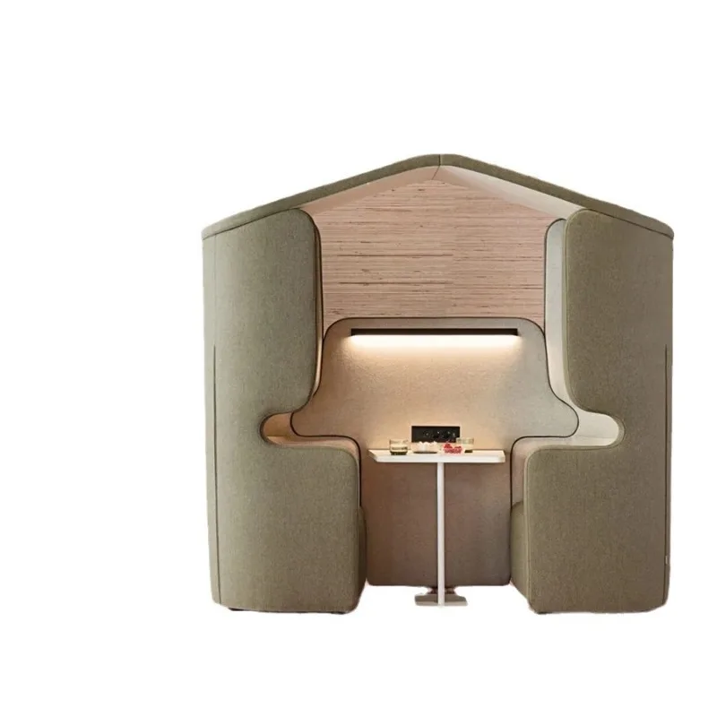 House shape with rooftop, high-back booth, U-shaped sofa combination, screen surrounding private business reception
