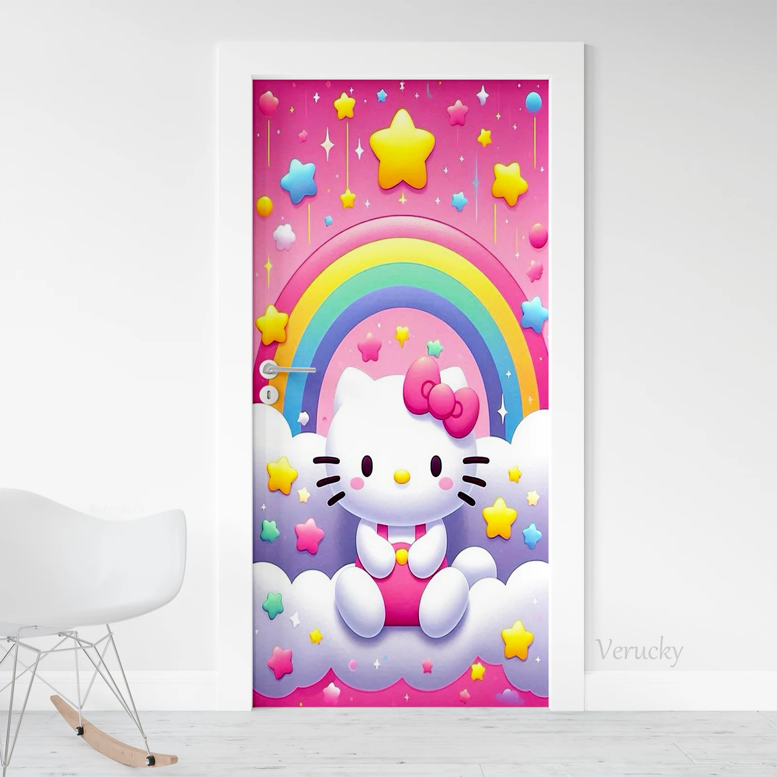 Door Sticker Hello Kitty Cartoon Style Old Door Renovation Self-adhesive PVC Waterproof Bedroom Room Door Decoration