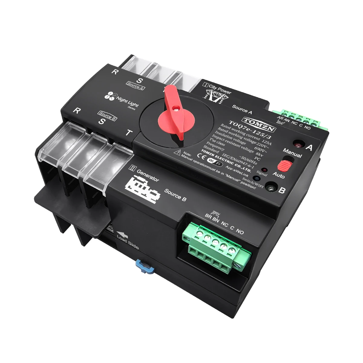 TOMZN WIFI Smart ATS 2P 3P 4P 230V AC مفتاح نقل تلقائي مزدوج الطاقة جهاز تحكم عن بعد دون انقطاع 63A 100A 125A eWelink