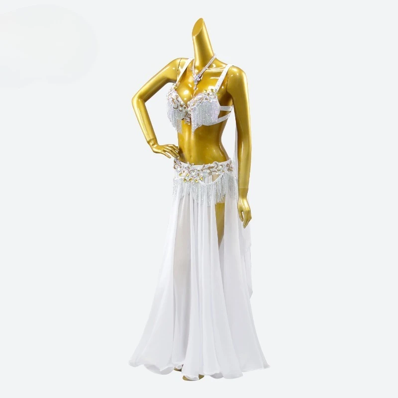 Customized White Tassel Bra Belly Dance Costume with Advanced Diamond Sexy Oriental Dance Wear Performance Dress Practice Skirt