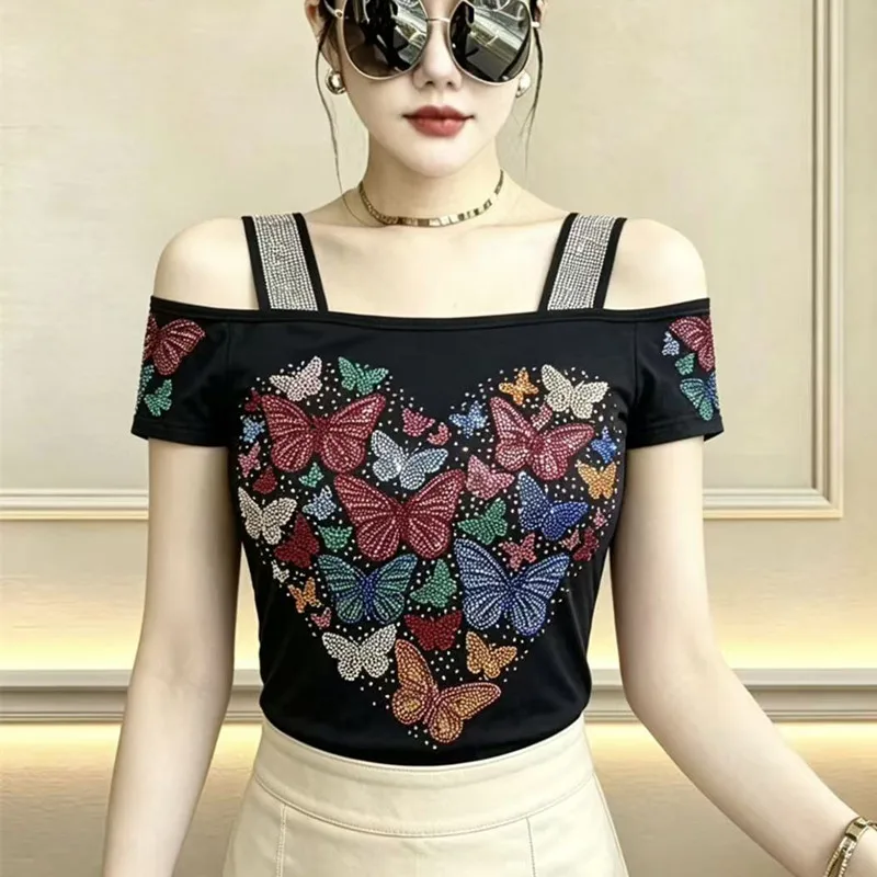 Temperament Luxury Diamonds Mesh T-shirt Women Elegant Summer New Short Sleeve Slim Top Y2K Female Tee
