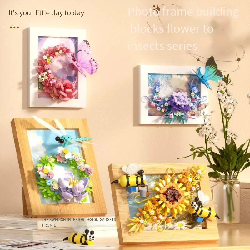 Micro-particle creative assembly toy picture frame refrigerator magnetic sticker building block style flowers and insects