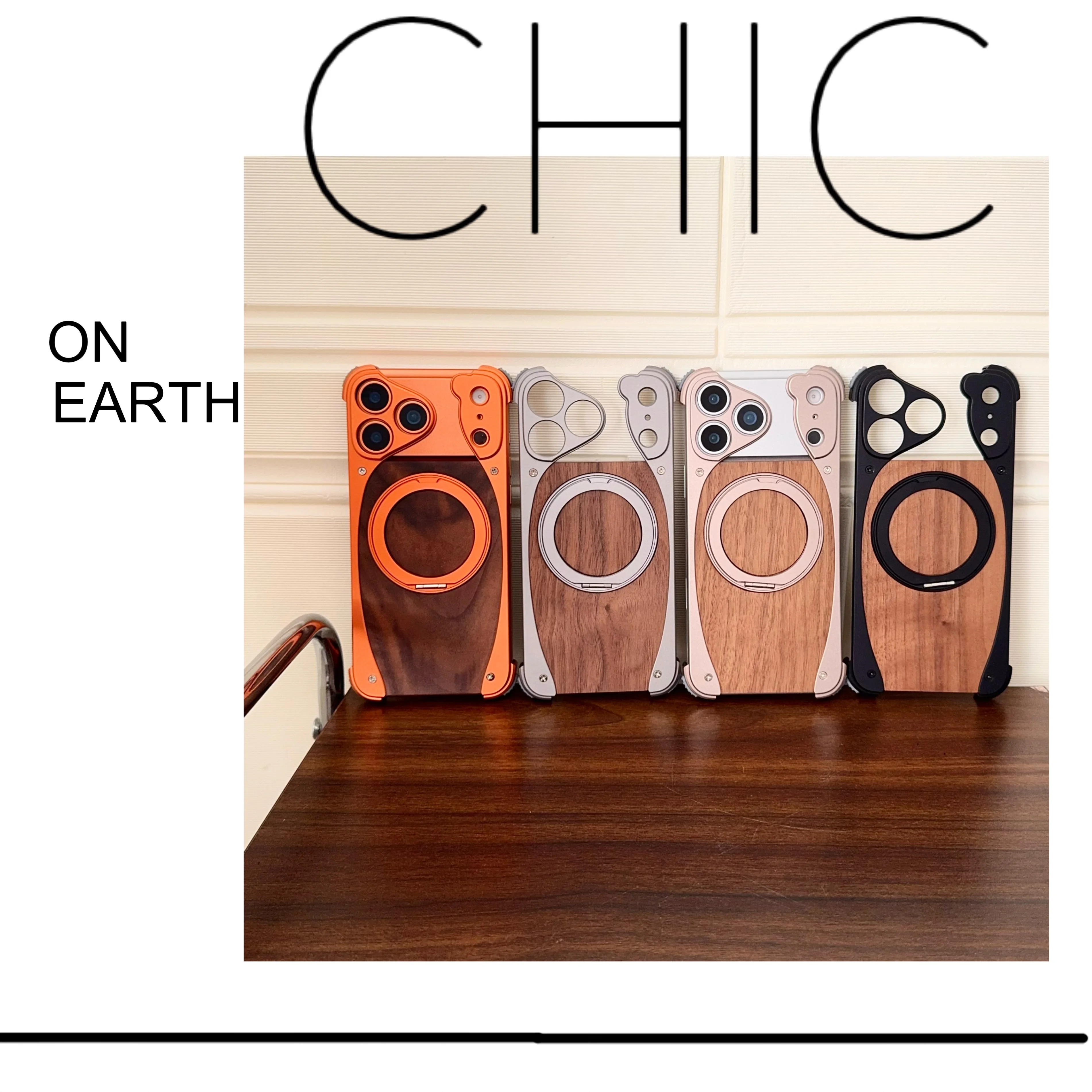 

Задняя крышка из алюминиевого сплава из натурального дерева, рамка для iPhone 17 16 15 Pro Max, чехол с подставкой MagSafe, противоударный чехол для телефона