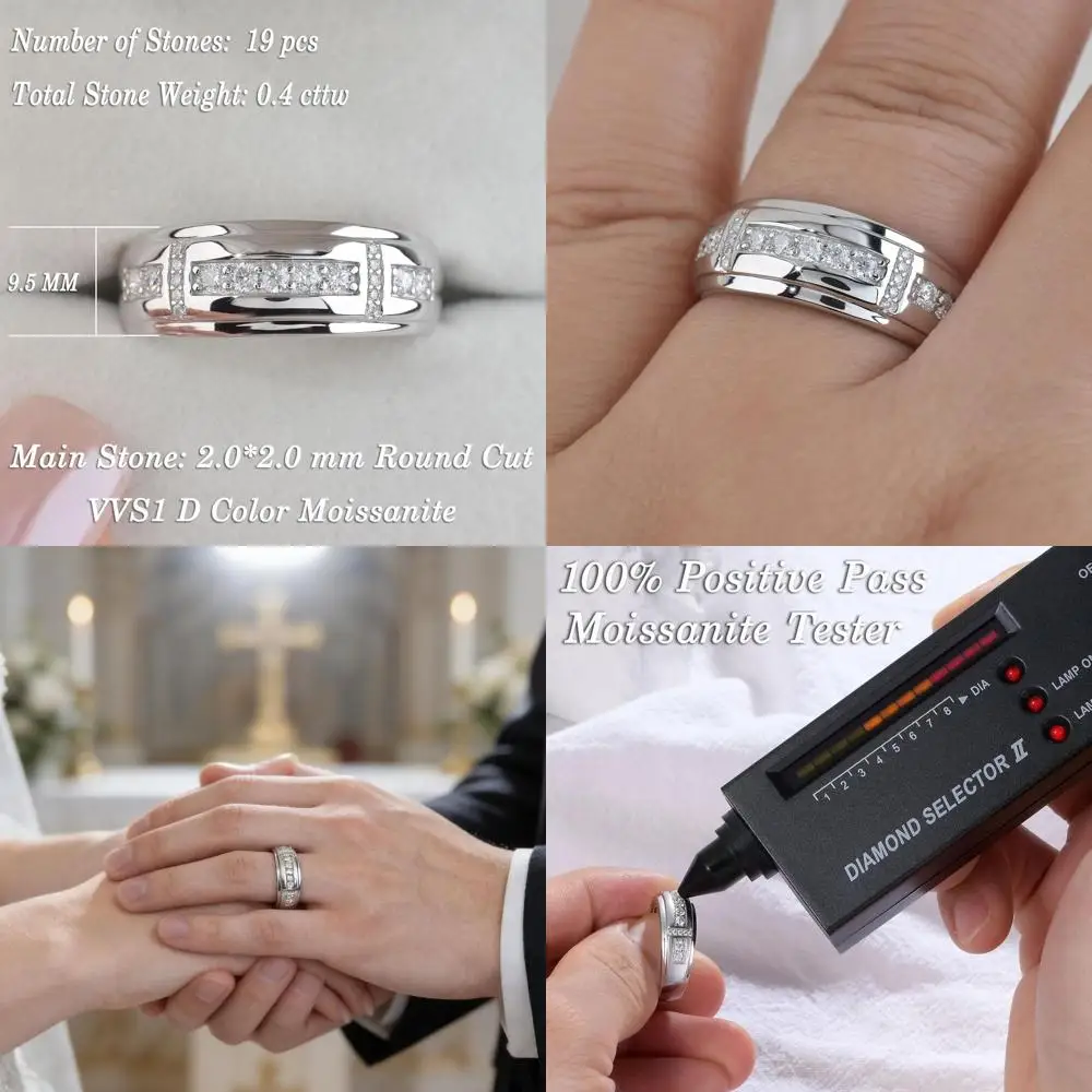 

Мужское обручальное кольцо из стерлингового серебра с муассанитом, цвет D, чистота VVS1, круглая огранка, размеры 5-17