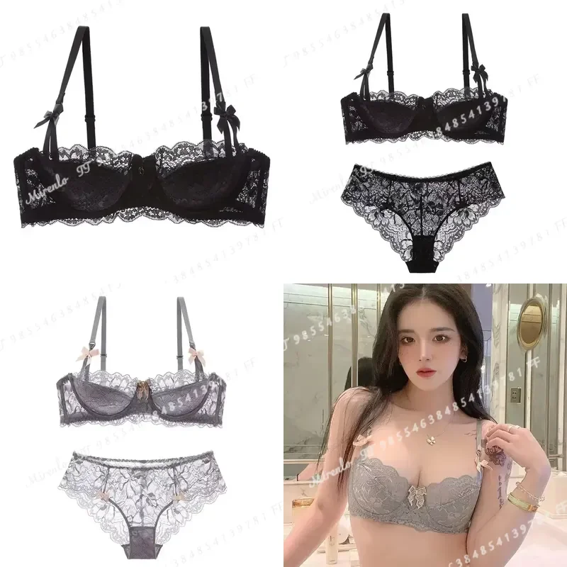 Rabbit Ear AB Cup Bra Set Pure Desire Girl Pull-up Bra with Bow Breathable French Lace Anti-slip Cup for Date Night