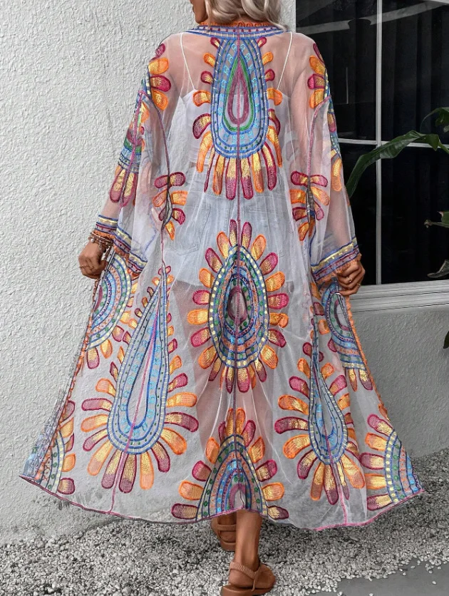 Sexy colorato ricamo floreale Boho Beach Cover-up per le donne abiti Robe Lace Summer Casual Bikini Cover Up Vestidos Cardigan