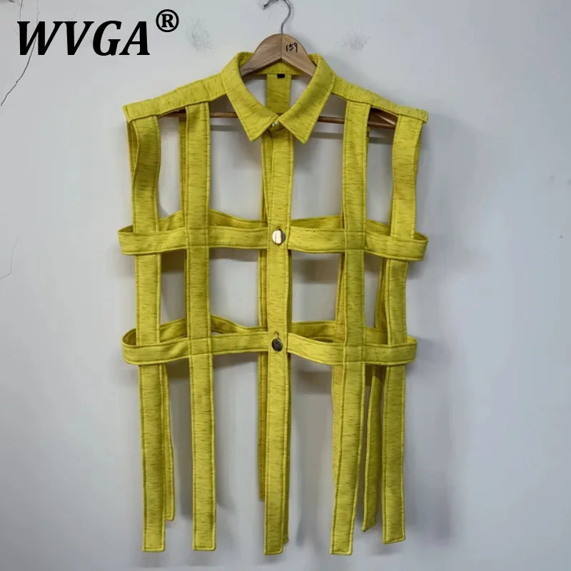 

WVGA Spring Autumn New Man Tide Striped Hollow Out Decor Niche Design Fashion Sleeveless Shirts Chic Casual Slim Shirt Ins W8593