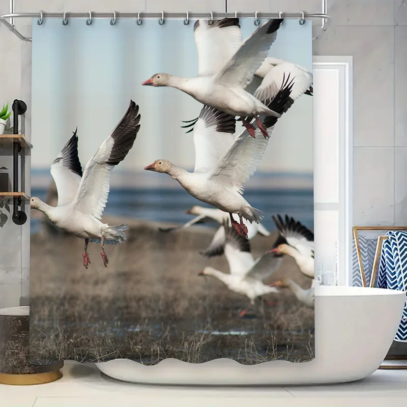 White Duck In Flight Shower Curtain Waterproof Print Home Decor.