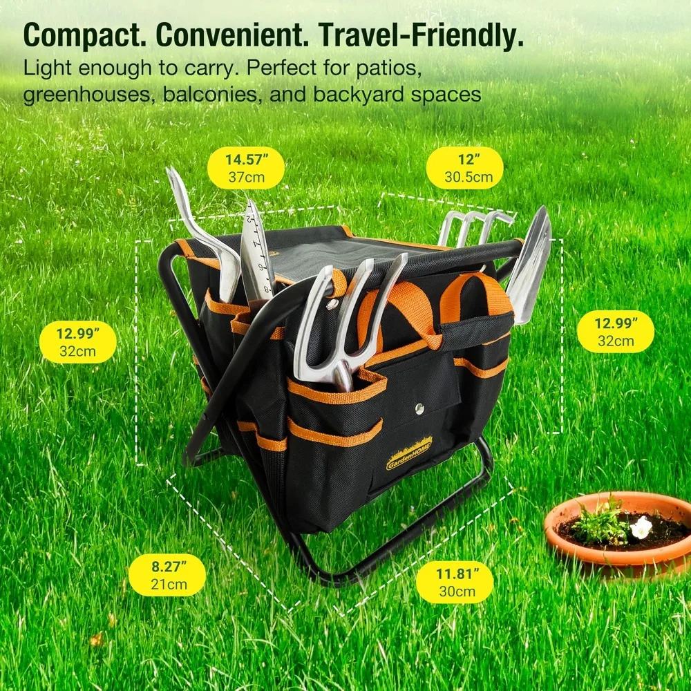 مجموعة أدوات حديقة من الفولاذ المقاوم للصدأ مكونة من 7 قطع مع مقعد قابل للطي وحقيبة حمل - مجموعة أدوات البستنة العملية للرجال والعمل في الفناء بنفسك