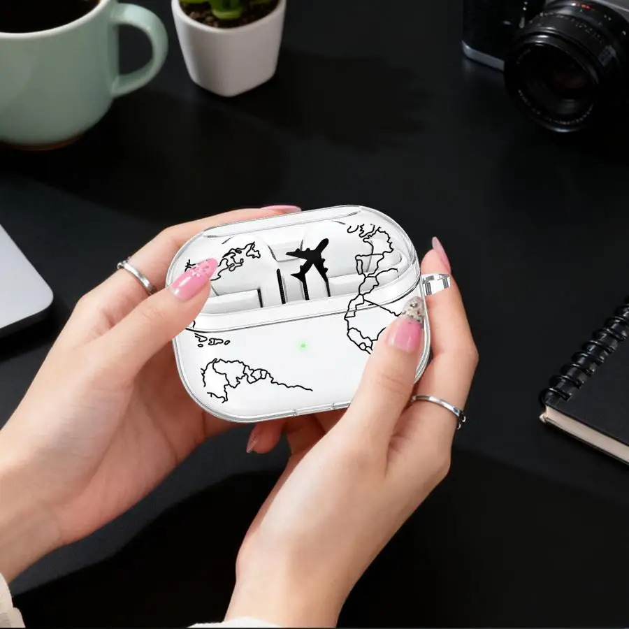 

World Travel Routes Case For Samsung Galaxy Buds 2 3Pro 3 FE Live 2Pro 4Pro 4 Pro Clear Earphone Cases Cover With Hook