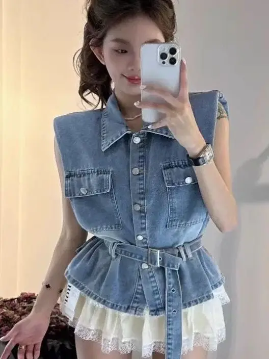 

Summer 2025 Korean Style Small Size Waist Cinched Denim Vest Outerwear Versatile Worn as Top Old Fashioned Jacket