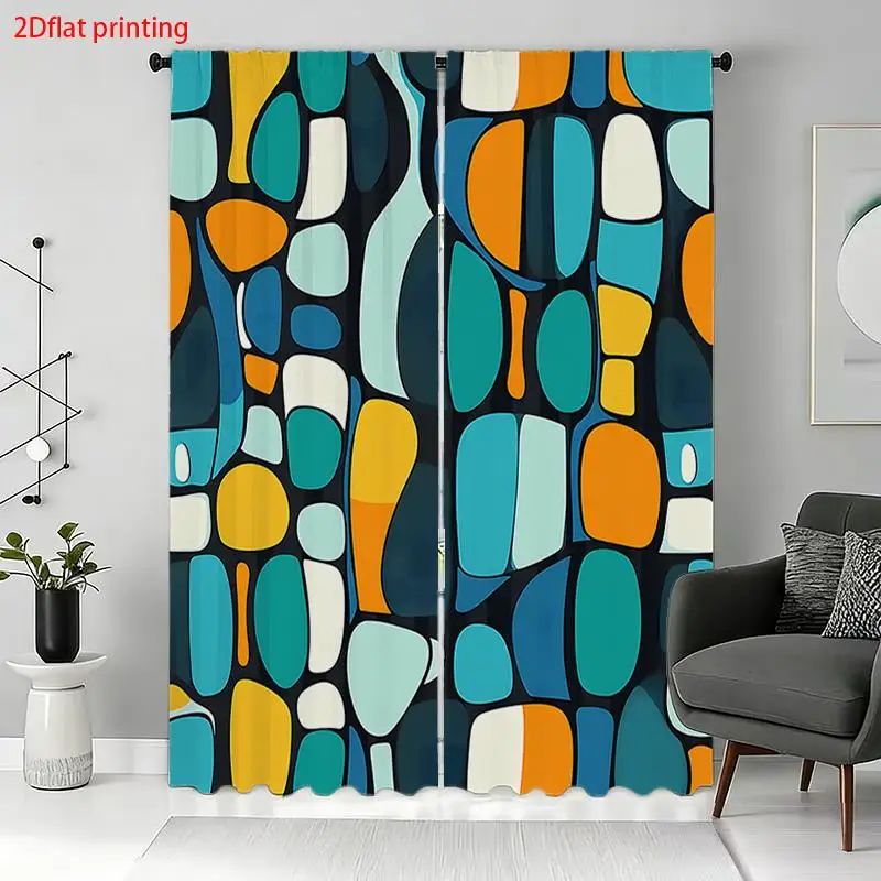 Retro Geometric Curtains, Abstract Colorful Block Print Window Drapes, Mid-Century Modern Living Room Decor, Blackout Fabric