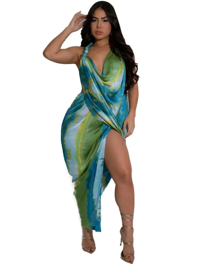 Été couverture Ups femmes maillot de bain Spaghetti sangle sans manches Robes maillot de bain 2025 nouvelle impression plage vacances Maxi Robes couverture