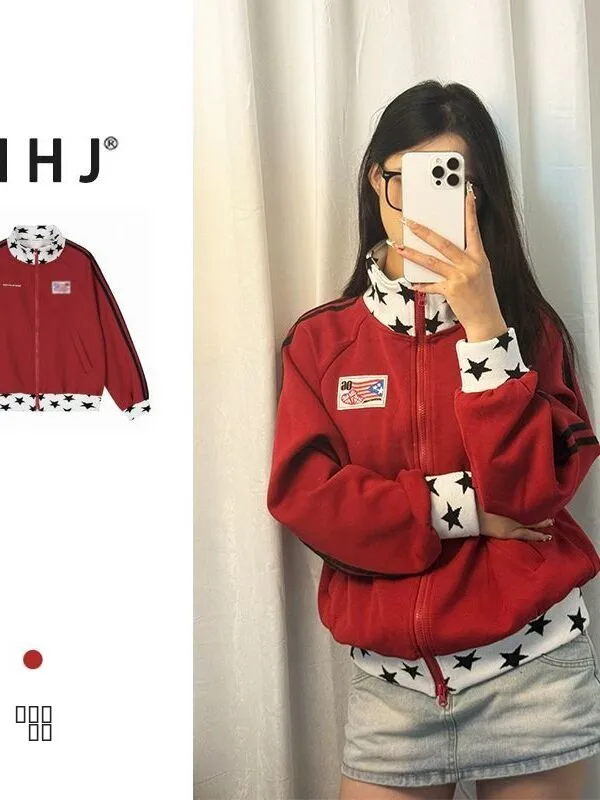 

Женский свободный свитшот с двойной молнией и воротником-стойкой в американском стиле ретро, весна 2025 года, тюре из смеси хлопка