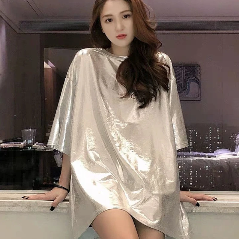 

Round Collar Medium Length Top Female Korean Style Clothing Summer Outfit Clearance Polyester Baggy Women's Short Sleeve T-shirt