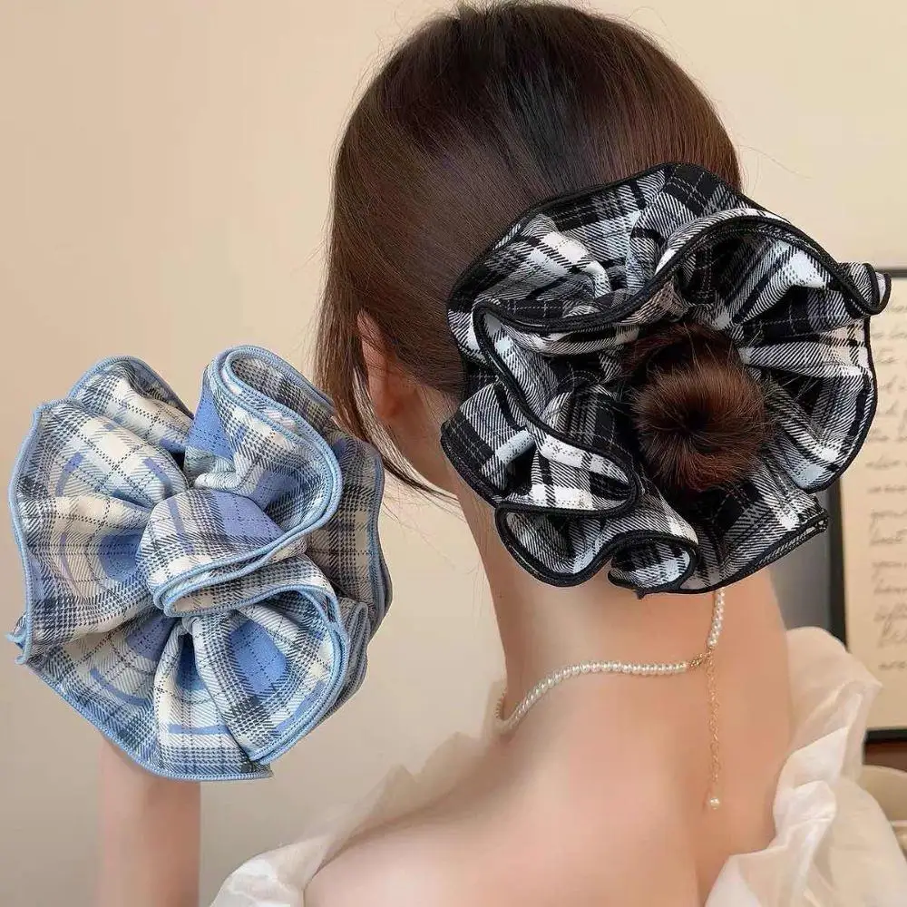 INS نمط الأزرق منقوشة كبيرة Scrunchies Headbands للنساء الفتيات مرونة العصابات الشعر النساء الحلو الكورية 4 الطبقات عقال كبير #1