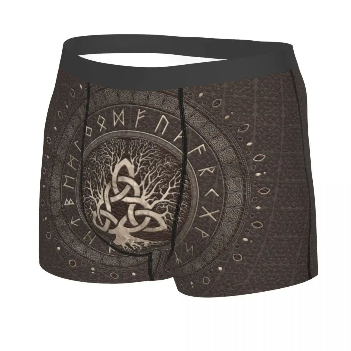 Tree Of Life With Triquetra Brown Leather And Gold Underwear Viking Norse Yggdrasil Boxer Shorts Panties Briefs Soft Underpants