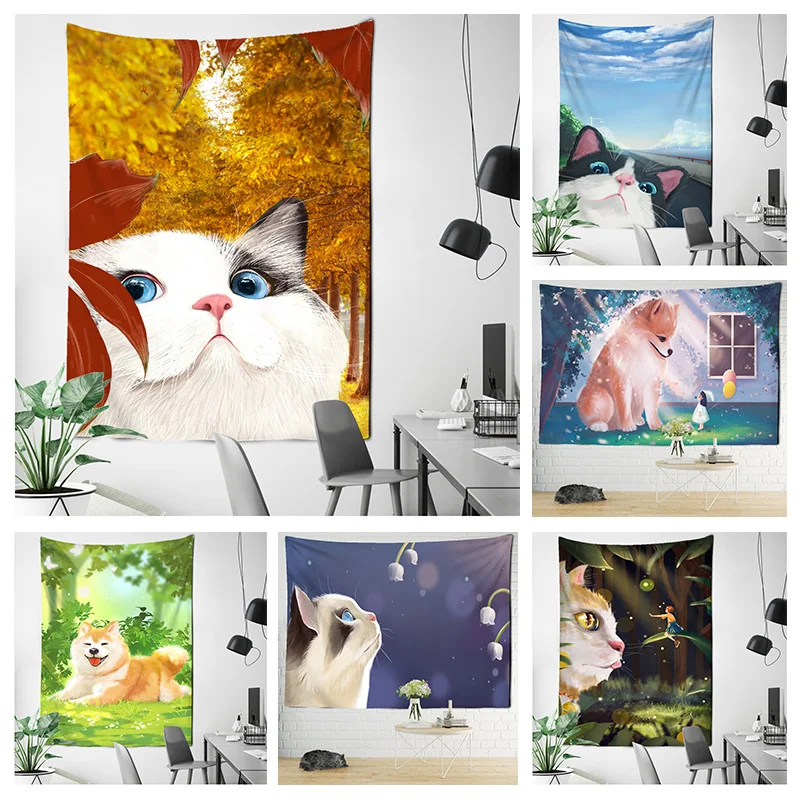 

2022 Cute Cat INS Style Tapestry Comic Style Cure Kawaii Pet Living Room Home Background Hanging Cloth Wall Decoration TAPIZ