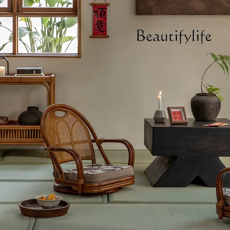 Rotatable tatami single chair wabi retro tea room negotiation rattan chair casual back chair designer