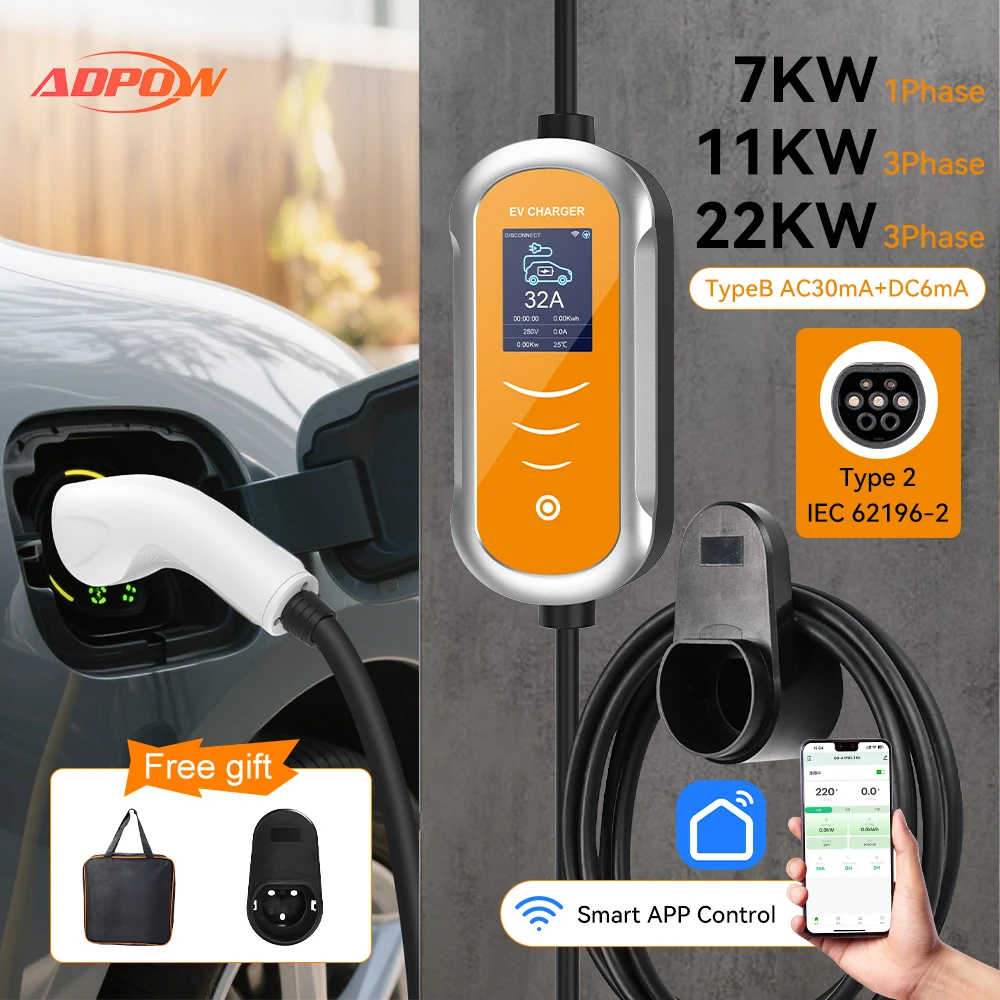 

ADPOW 22KW 11KW EV Charger Portable Type2 Fast Smart Charging With APP Control 7KW 32A 1P EVSE Charging for Electric Car