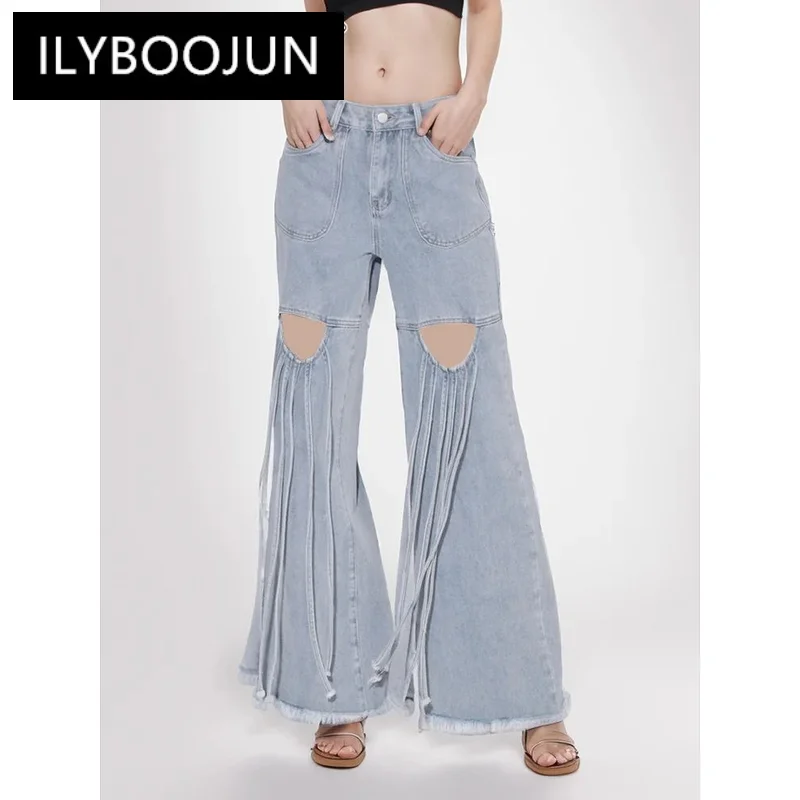 

ILYBOOJUN Solid Hollow Out Spliced Lace Up Demin Pant For Women High Waist Patchwork Button Wide Leg Jeans Female Fashion New