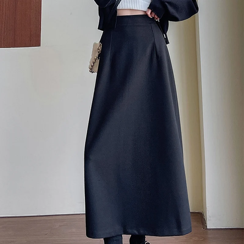 

Korean Elastic Waist Baize Skirts for Women Fashion Back Split A-Line Skirts Woman Spring Autumn Loose Solid Color Skirt Mujer