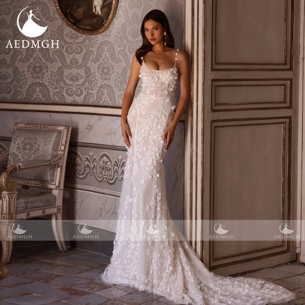 Aedmgh Abiti da sposa a sirena Smerlato senza spalline Vestido De Novia Fiori 3D Treno staccabile Abito da sposa su misura