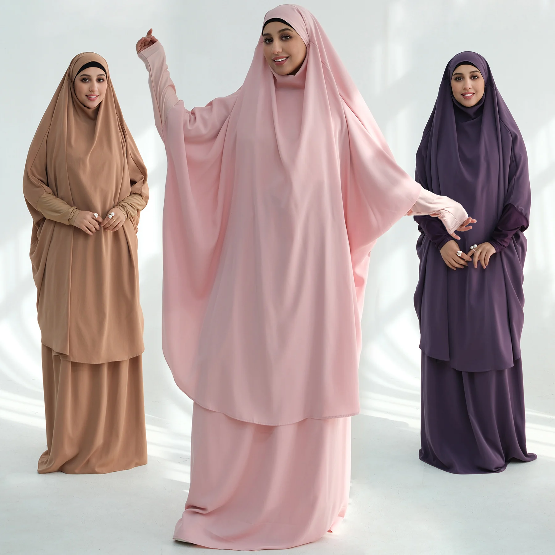 

Ramadan Eid Muslim Prayer Jilbab 2 Piece Set-Prayer Abaya with Wudhu Friendly Cuffs, Elastic Waist with Drawstring Wide A Skirt