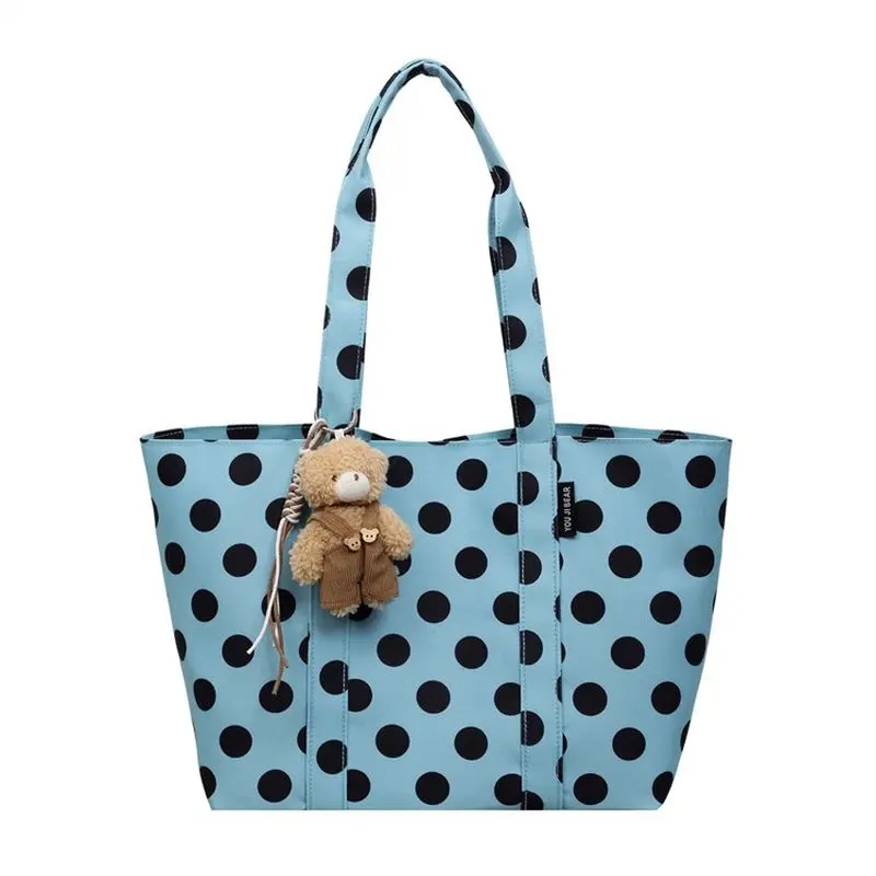 Polka Dot Canvas Tote Bag Large Capacity Cute Bear Pendant Handbag For Women Girls Daily School Travel Ample Storage Space