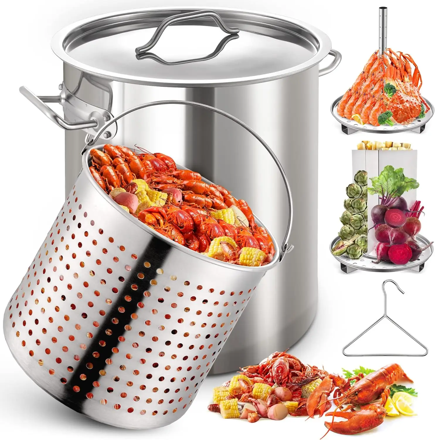 Stainless Steel Stock pot 6-Piece For Seafood Boil Pot with Basket and Steamer Rack,Cookware for Crawfish Crab Shrimp L