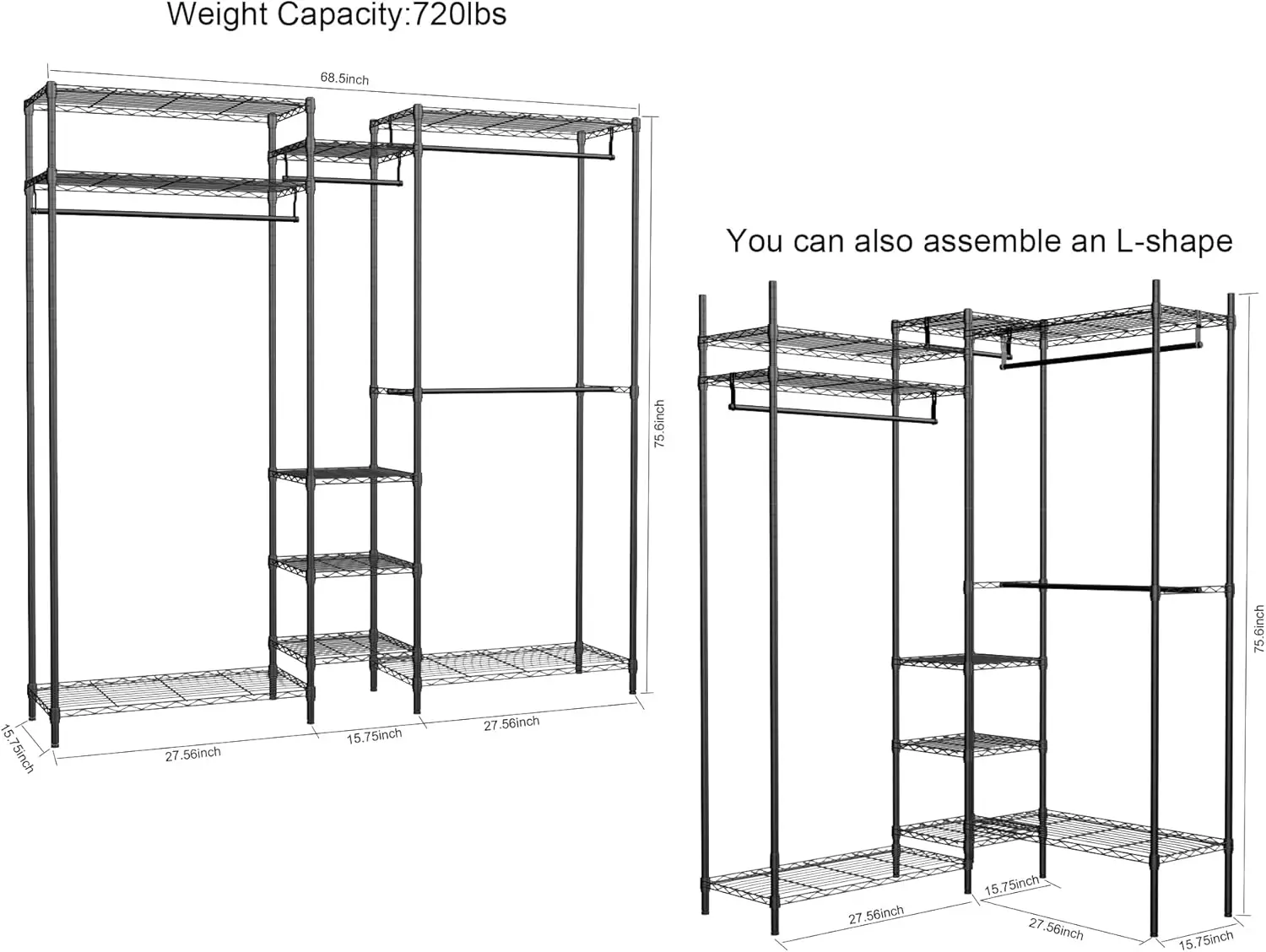 Heavy Duty Wire Garment Rack, Metal Clothing Rack with 4 Hanging Rods and 9 Shelves, Freestanding Open Wardrobe Organizer for Ha