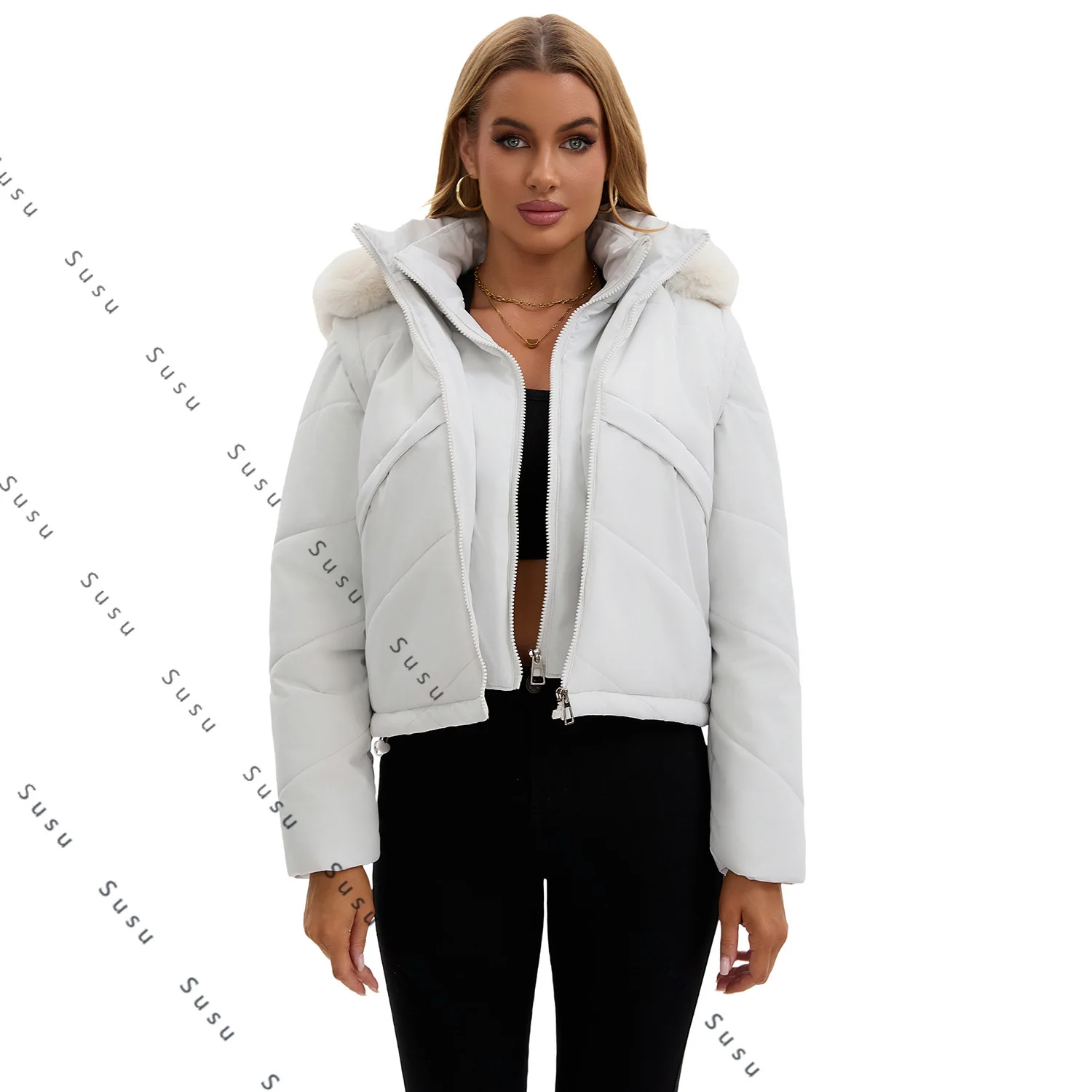 

2025 new fashion fake two-piece cotton-padded jacket with detachable sleeves vest fashion short autumn and winter cotton-padded