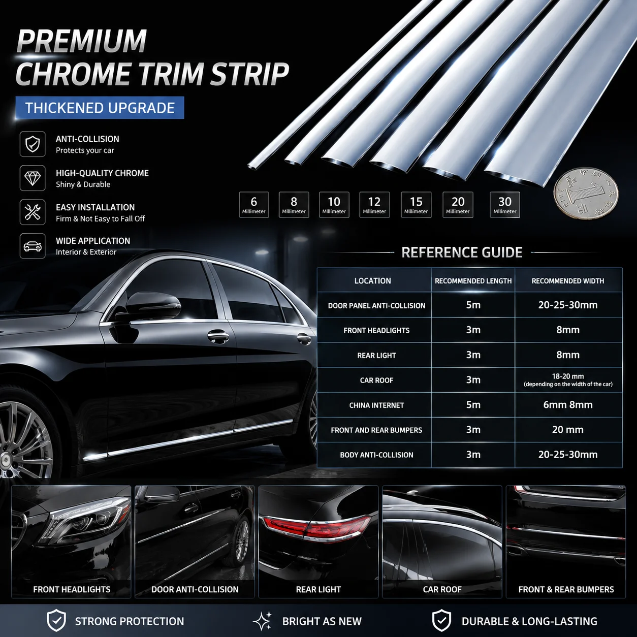 Car Chrome Trim Strip Universal PVC Electroplated Decorative Molding Door Anti Scratch Bumper Window Frame 3M Adhesive 6-30mm