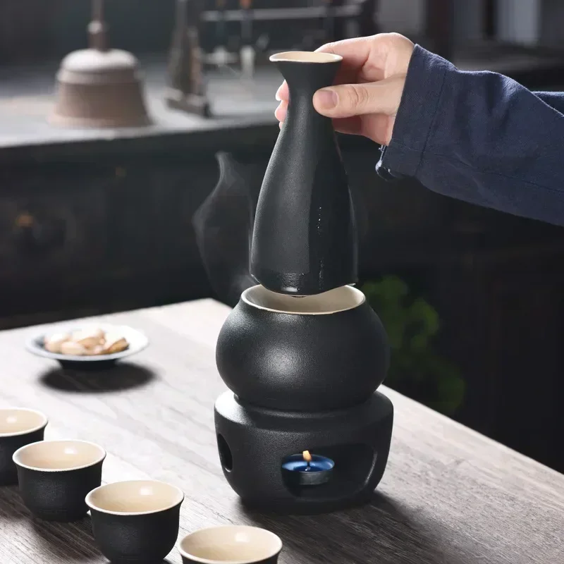

Ceramic Sake Set With 1Pcs Warmer Sake Bottle Candle Heating Stove Warmer Cup And 4pc Sake Cups