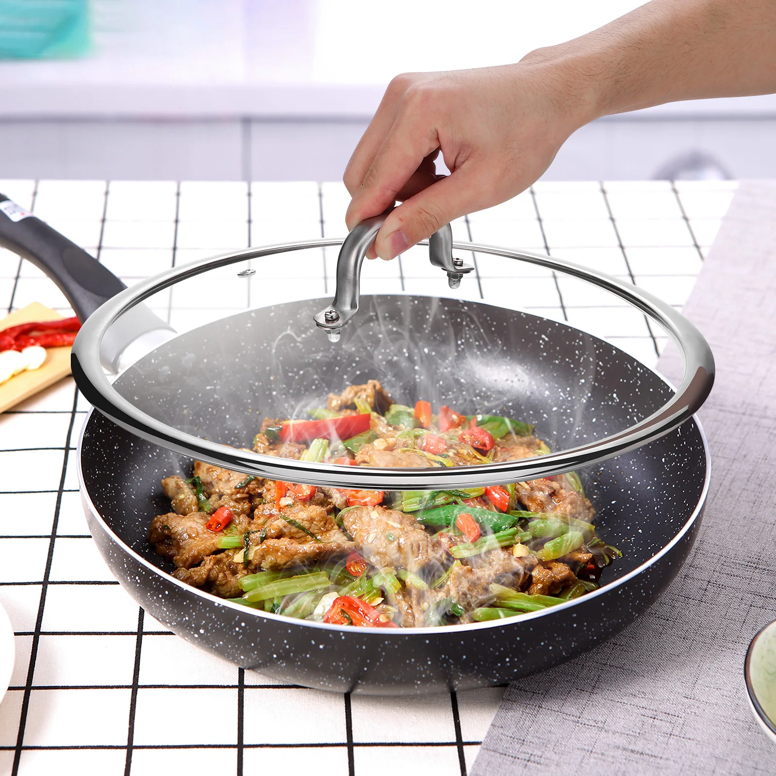 

Thickened Glass Pot Cover Transparent Cooking Lid Stainless Steel Easy Grip Handle Anti Lid Transparent Pot Cover