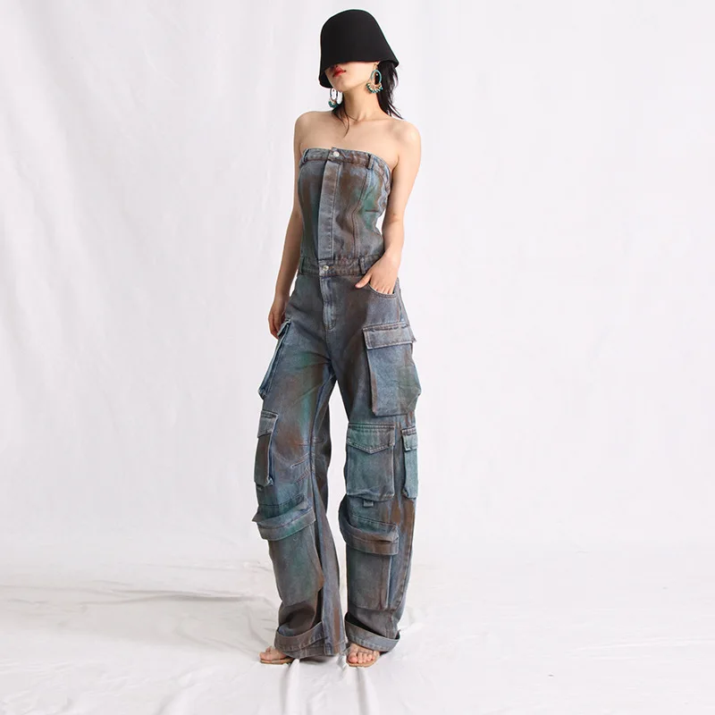 Women's niche design denim jumpsuit, new breasted, single breasted, painted, spring style