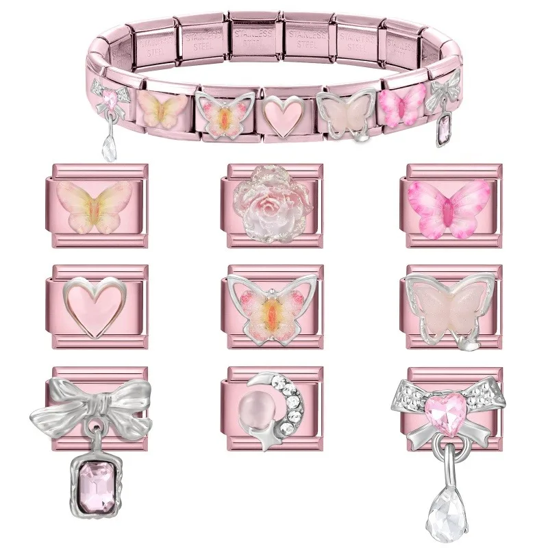 2025 New Women Romantic Pink Cherry Heart Shiny CZ Italian Charm Links Fit 9mm Bracelet Stainless Steel DIY Making Jewelry Gifts image 6