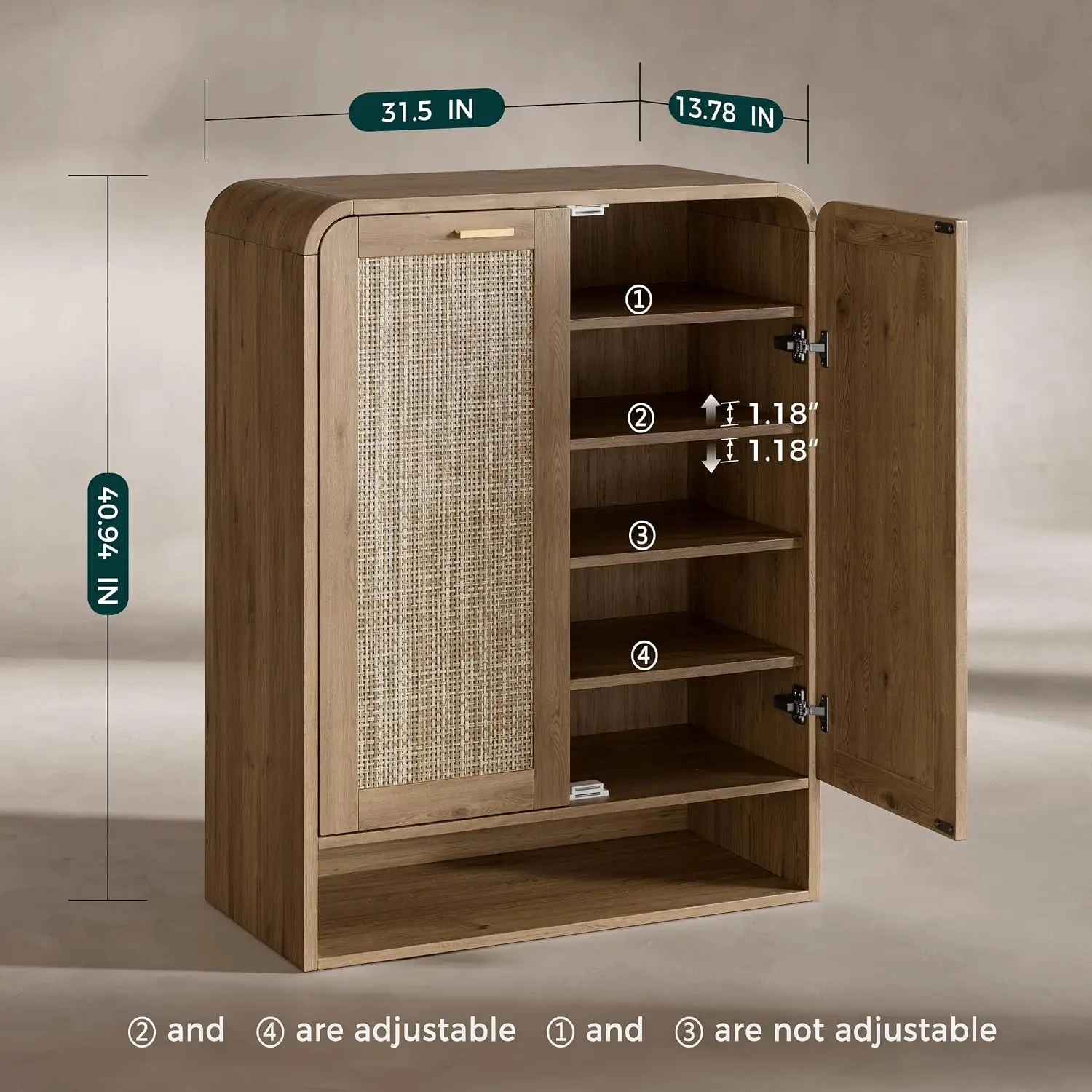 41 Inch Rattan Shoe Cabinet 24 Pairs, 5-Tier With Doors, Wooden Organizer For Entryway Hallway, Customized