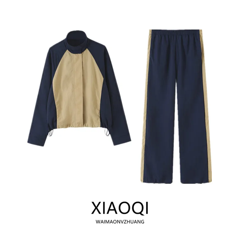 New 2026 Early Autumn Women's Long Sleeve Stand Collar Patchwork Jacket Outerwear And Pants Set Pure E-commerce Sale