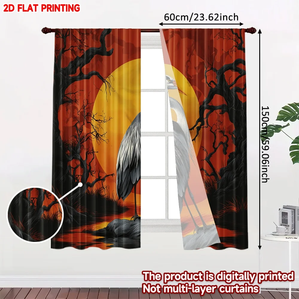 2pcs Heron Sunset Curtains  Digital Printing, Elegant Bird on Rock with Orange Sun Black Branches for Calm Living Room Decor