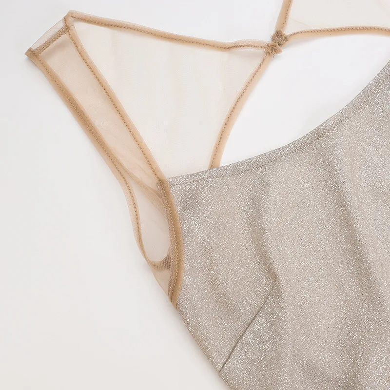 YUZHEXI helles Seiden-Glitzer-Khaki-Kleid für Damen, Mesh-Tank, Schulter-Rückenausschnitt, figurbetont, elegantes Abendkleid