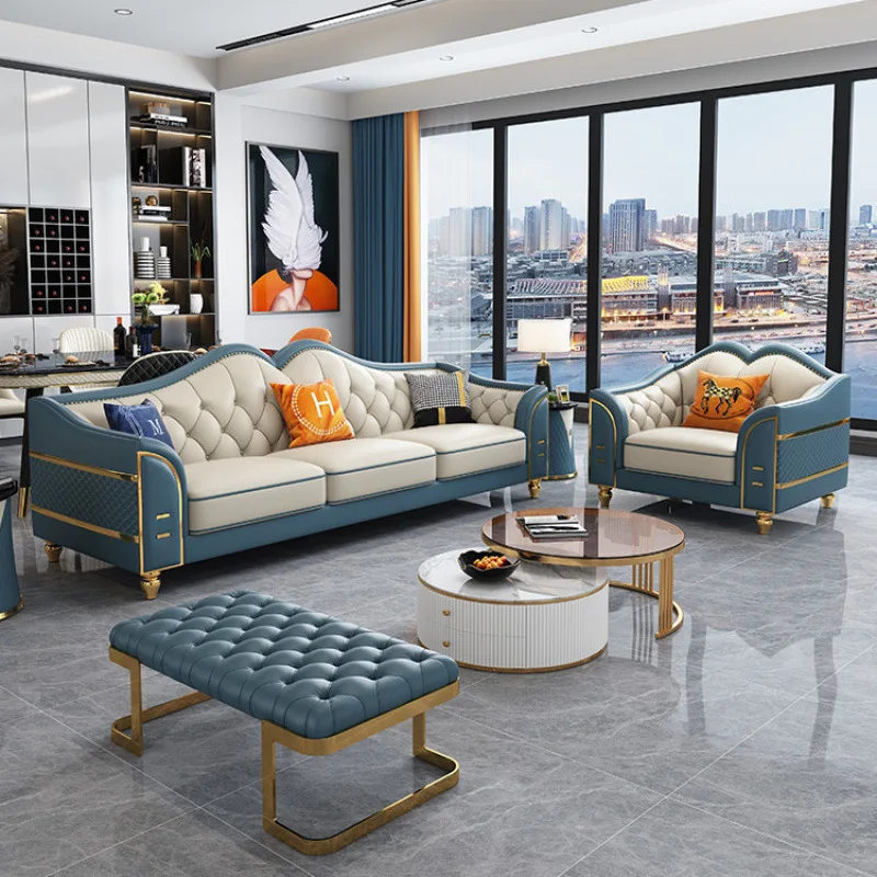 Light luxury leather sofa first layer cowhide size apartment four straight row living room combination American buckle leather s