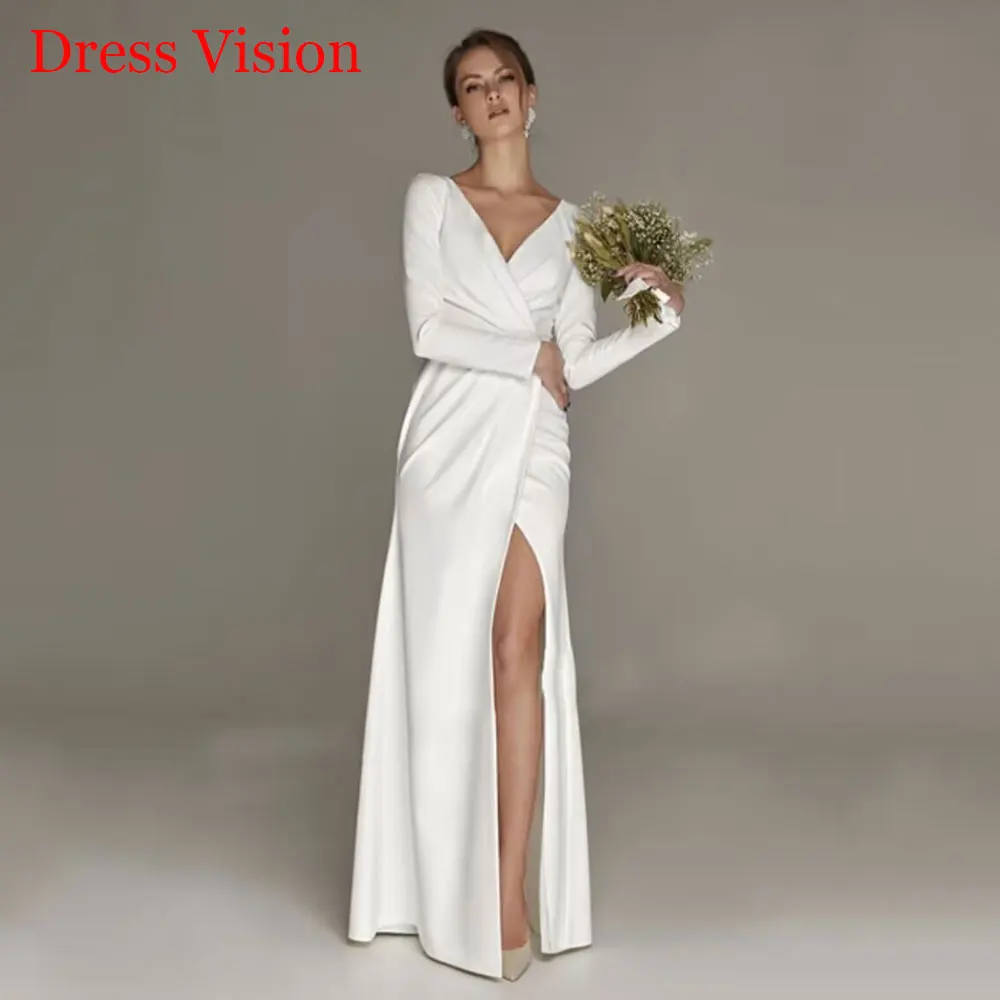 Elegant Civil Wedding Dress V Neck Floor Length Side Slit Bridal Gown For Bride Lawn Engagement Party Vestidos De Novia