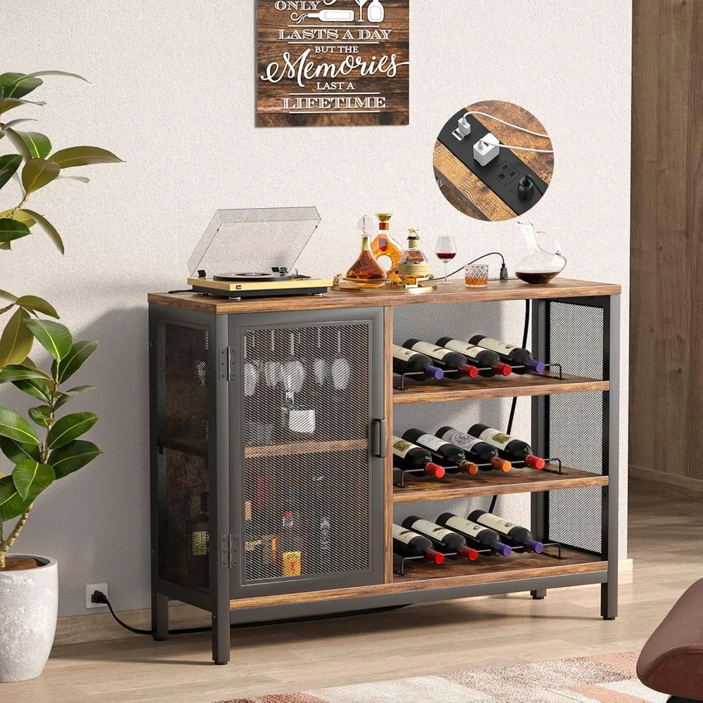 Wine Bar Cabinet with Power Outlets,for Liquor and Glasses,Farmhouse Bar Cabinet with Removable Wine Racks, Rustic Brown